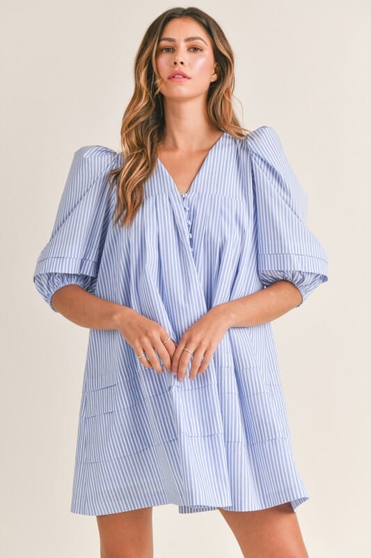 Striped Puff Sleeve Pleat Detail Dress Mable 