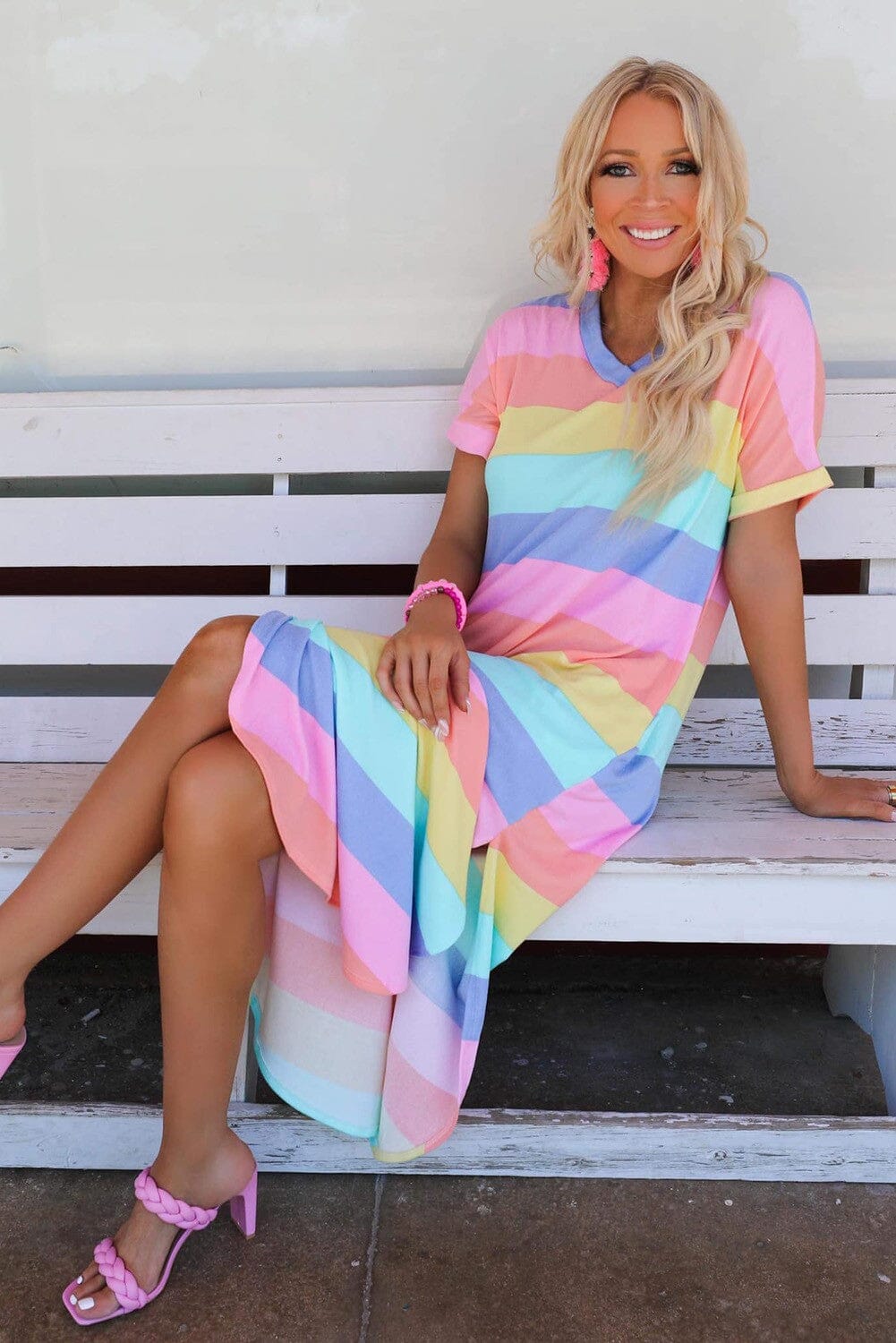 Striped Side Split V Neck T Shirt Dress Pastel Rainbow Youmi 