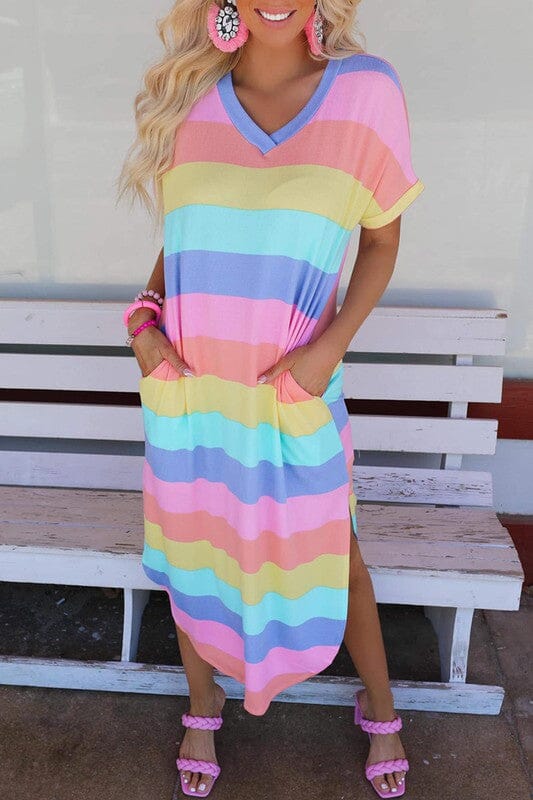 Striped Side Split V Neck T Shirt Dress Pastel Rainbow Youmi 