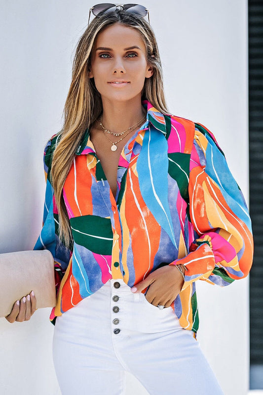 Swirl Color Block Print Lantern Sleeve Blouse Shewin 