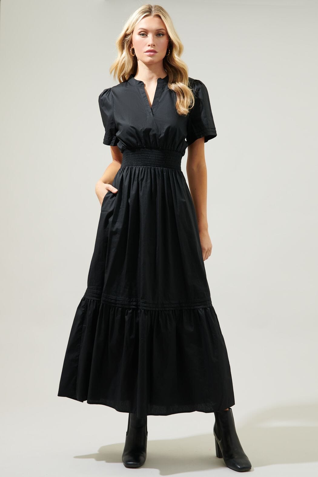 Tamia Split Neck Poplin Midi Dress Sugarlips 
