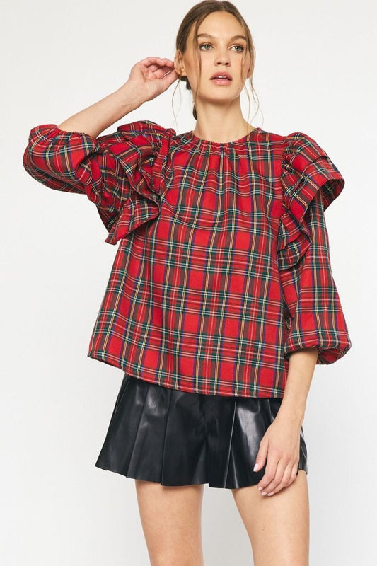Tartan 3/4 Flutter Sleeve Top entro 