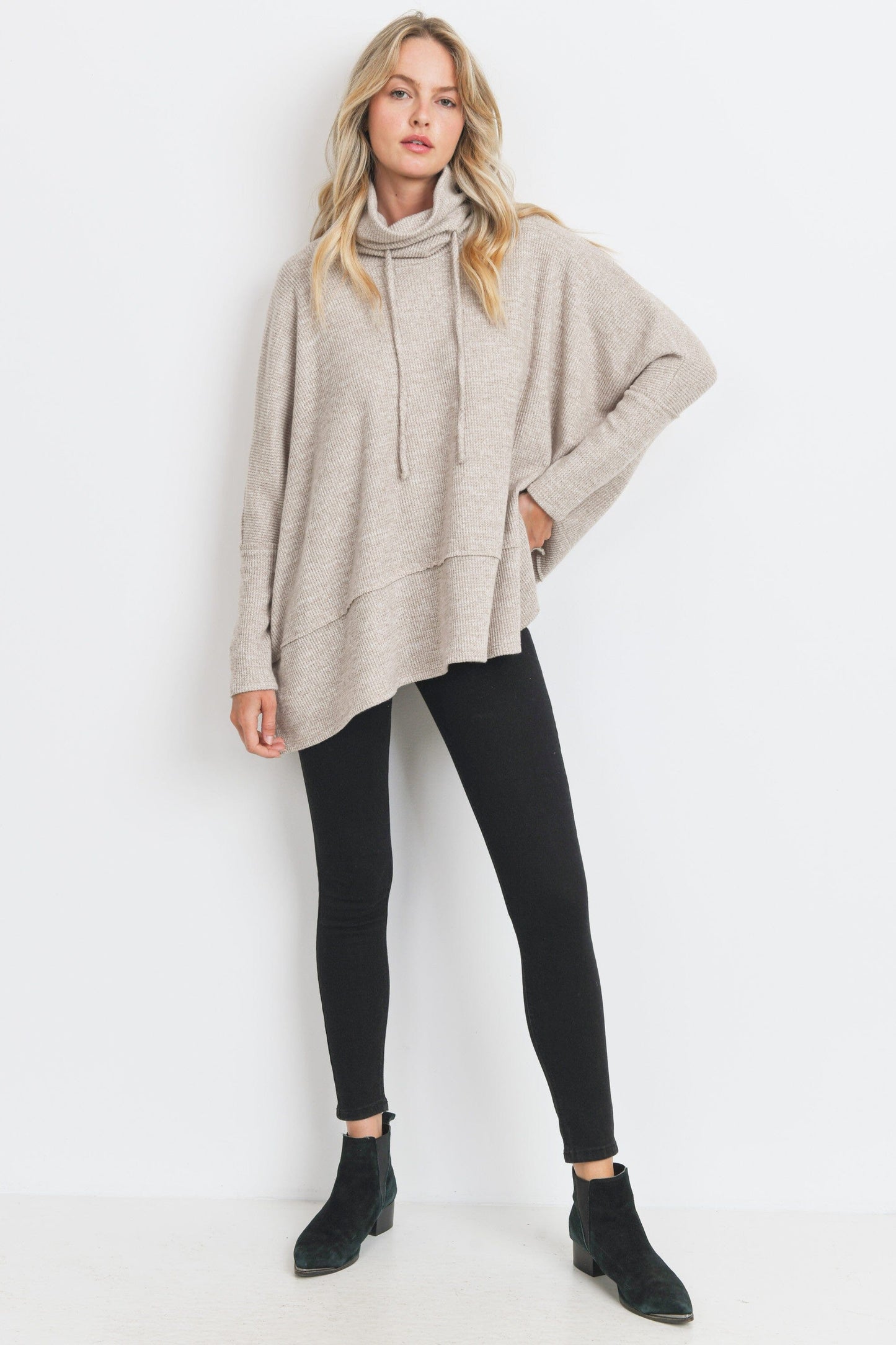 Taupe Brushed Mini Thermal Drawstring Neck Top cherish 