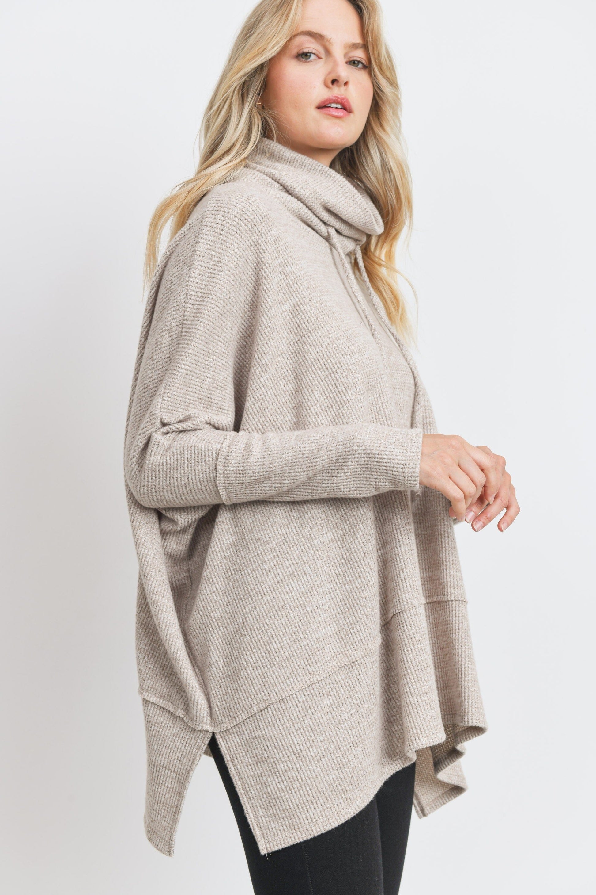 Taupe Brushed Mini Thermal Drawstring Neck Top cherish 