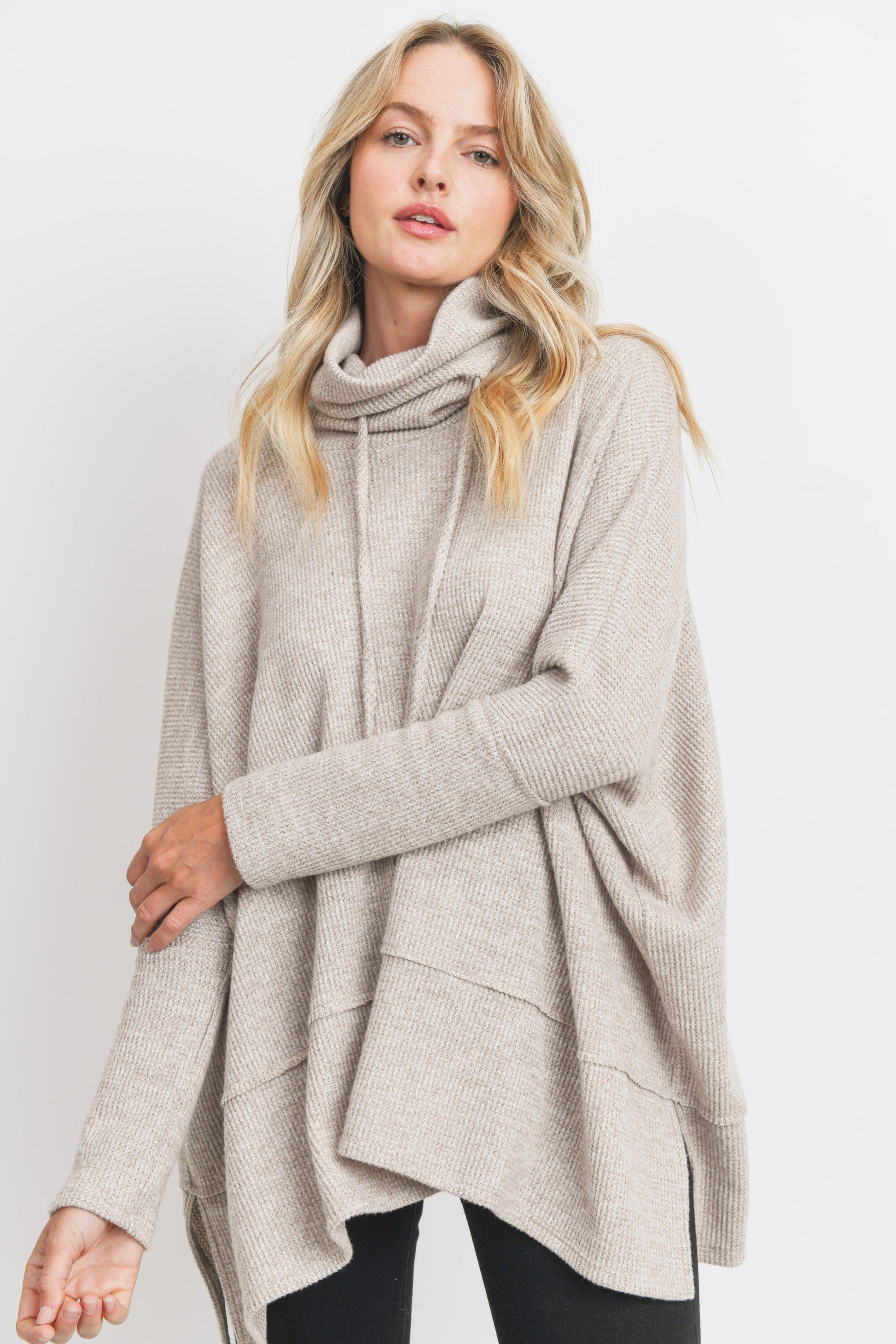 Taupe Brushed Mini Thermal Drawstring Neck Top cherish 