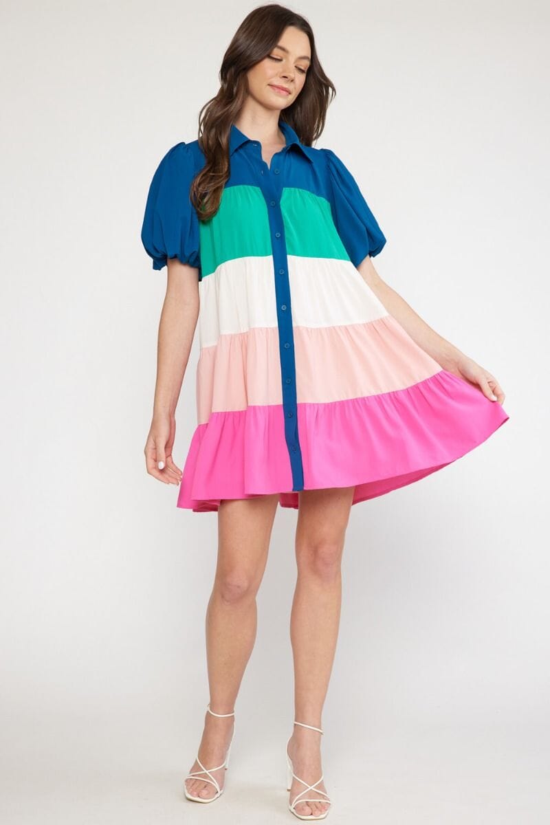 Teal Colorblock Tiered Shirt Dress - Ships mid-May entro 