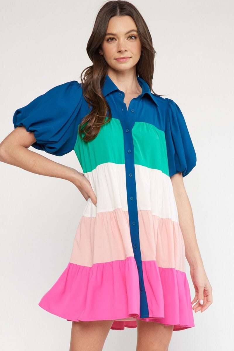 Teal Colorblock Tiered Shirt Dress - Ships mid-May entro 