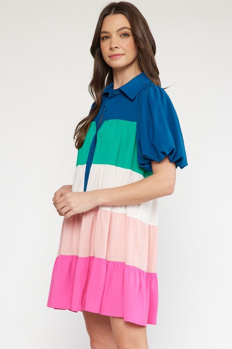 Teal Colorblock Tiered Shirt Dress - Ships mid-May entro 