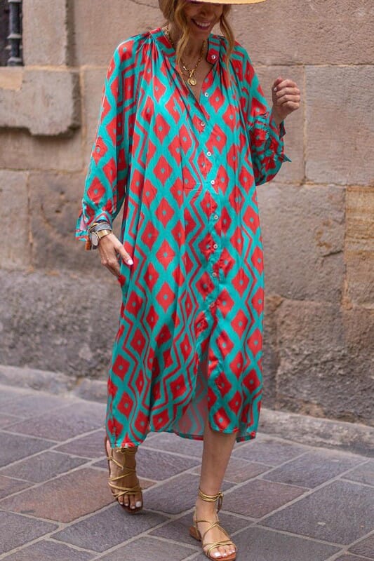 Teal Geometric Print Loose Shirt Dress Youmi 