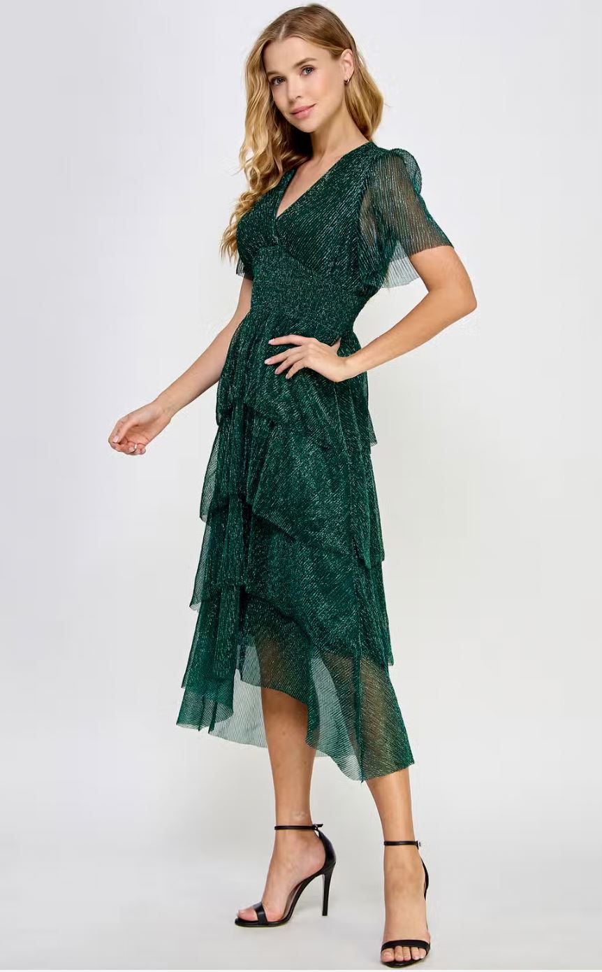 Tiered Lurex Midi Dress Green ellison 