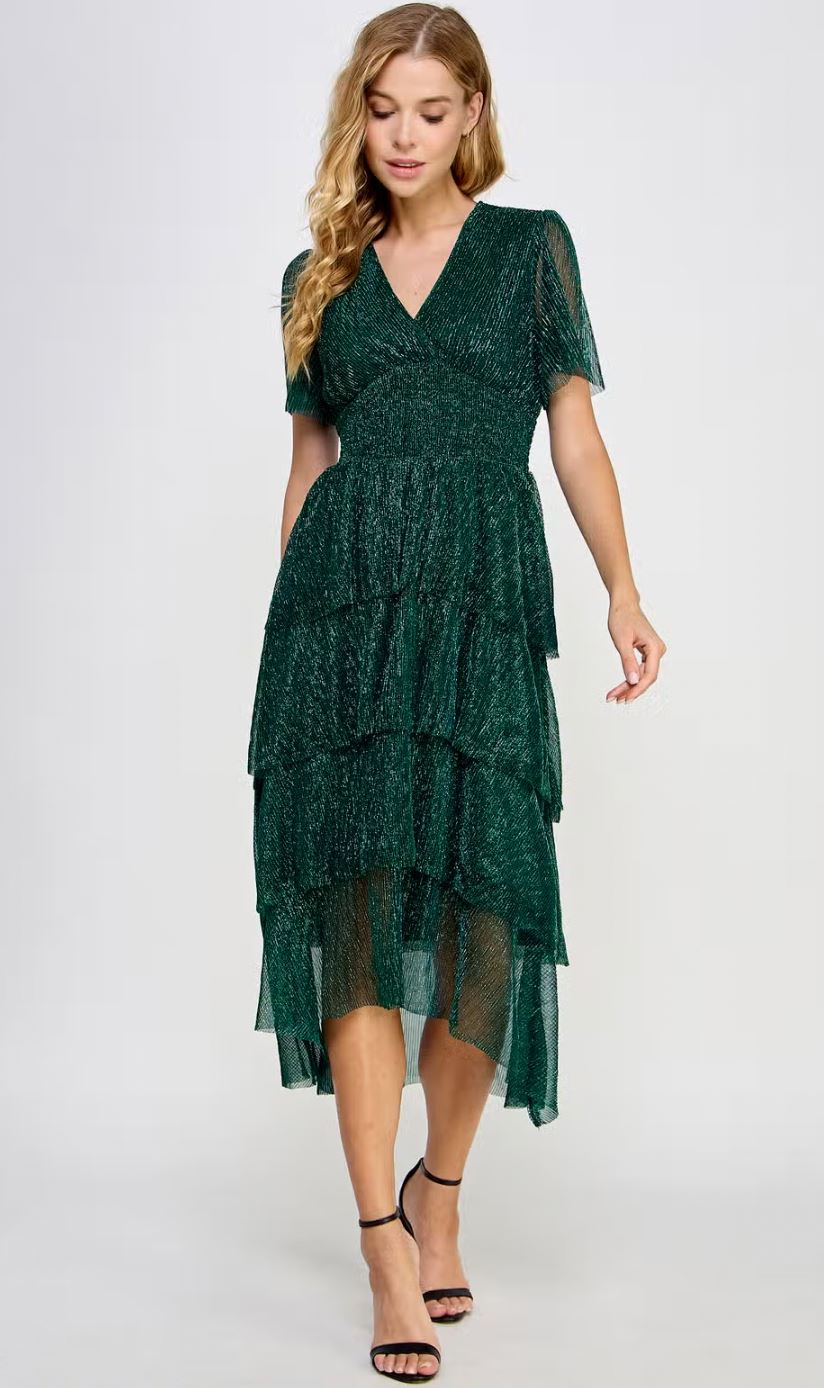 Tiered Lurex Midi Dress Green ellison 