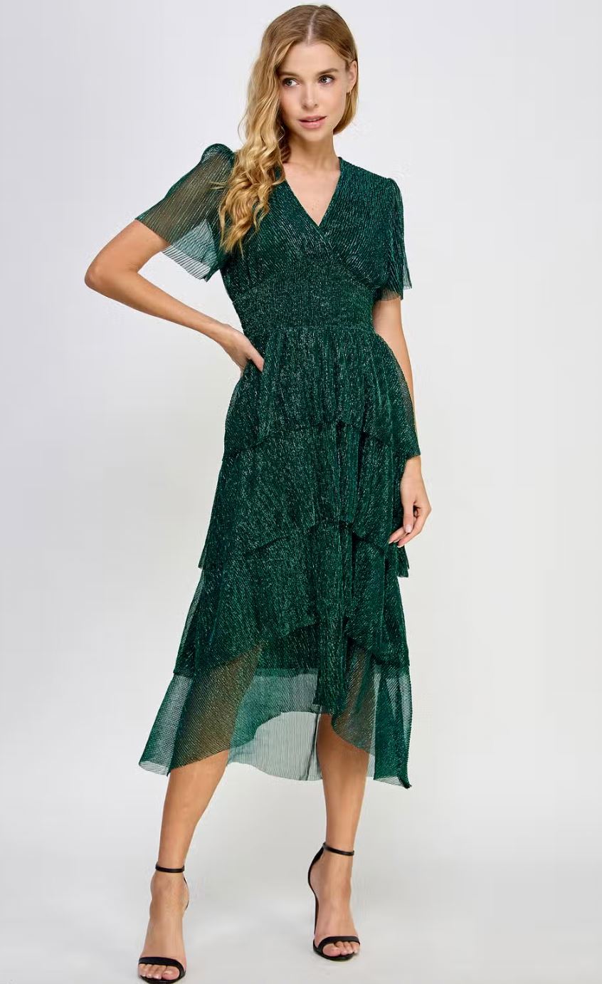 Tiered Lurex Midi Dress Green ellison 