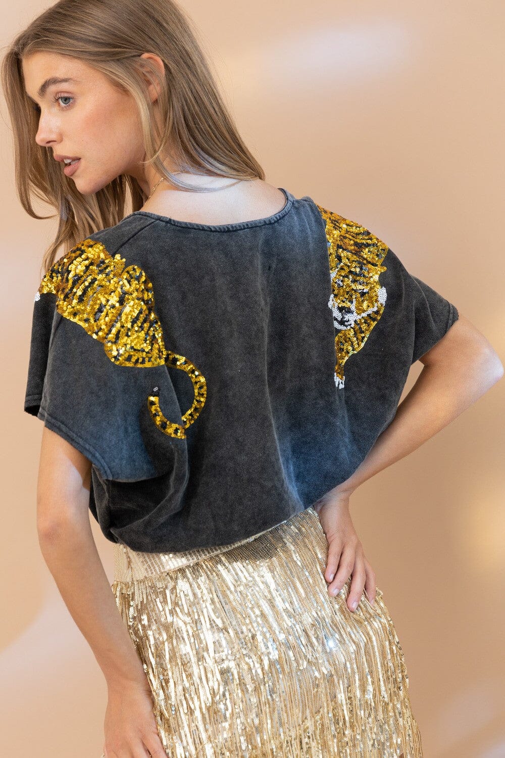 Tiger Sequin Patch T Shirt Blue B 
