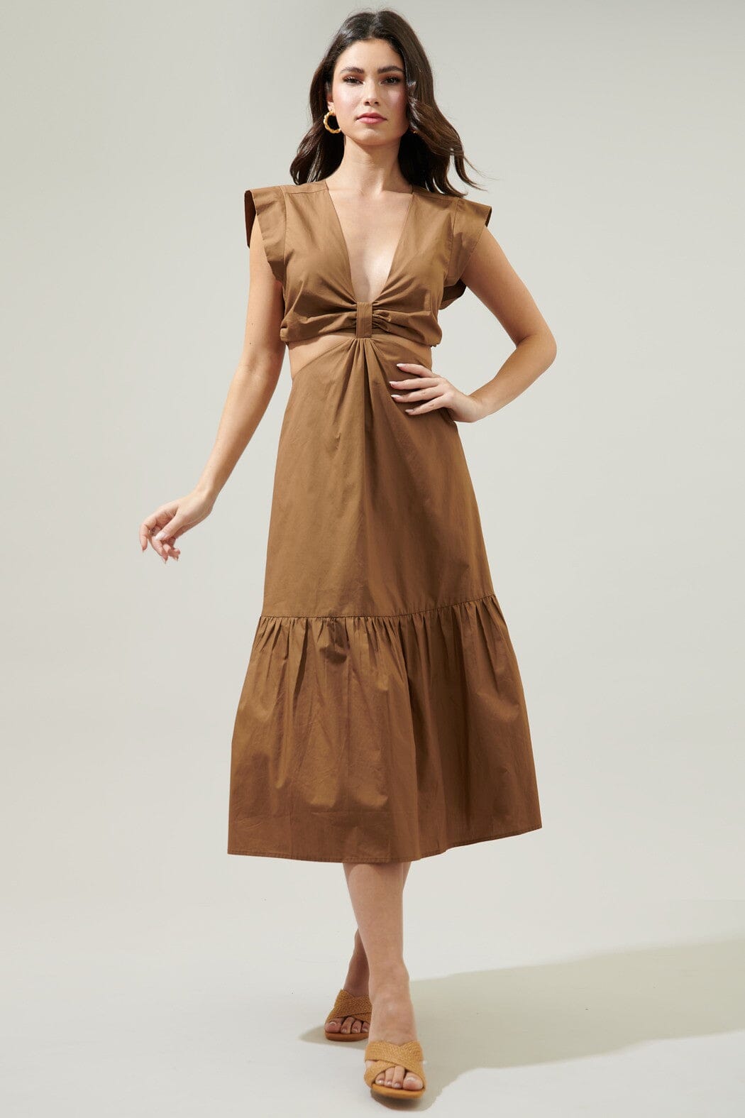 Torie Cut Out Poplin Midi Dress Tan Sugarlips 