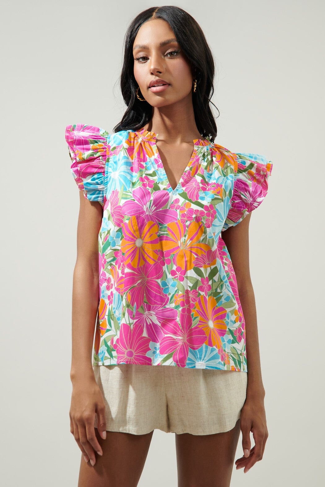 Tropical Twist Risette Cap Sleeve Split Neck Top Sugarlips 