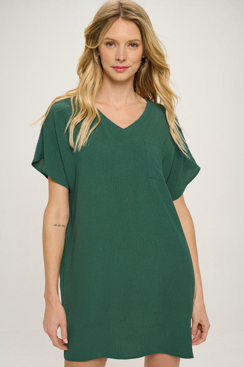 V Neck Crinkle Woven T Shirt Dress cherish 