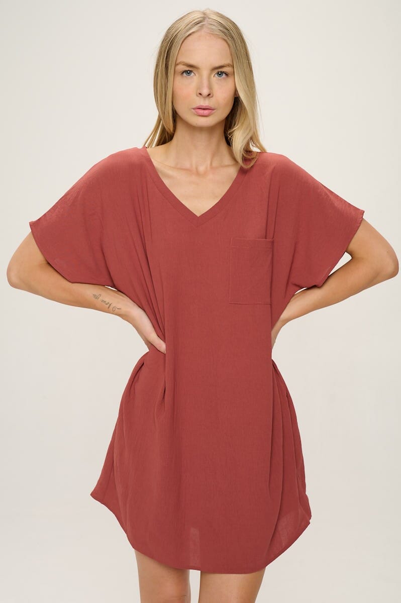 V Neck Crinkle Woven T Shirt Dress cherish 