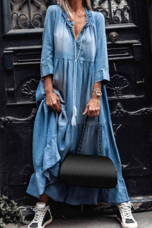V Neck Denim Maxi Dress cezele 