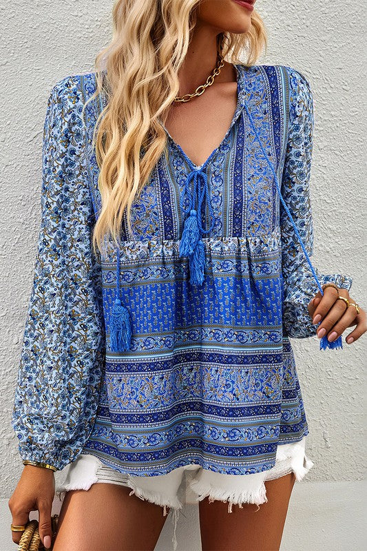 V Neck Drawstring Floral Loose Fit Top supreme fashion 