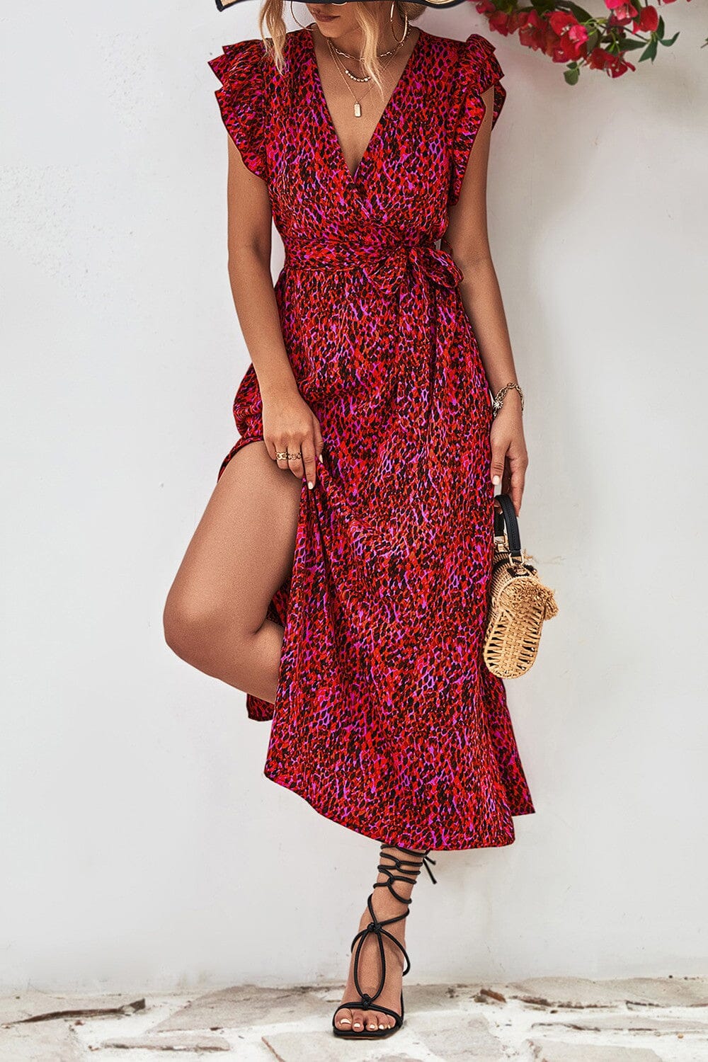 V-Neck Print Pleated Slit Maxi Dress shoppingwill 