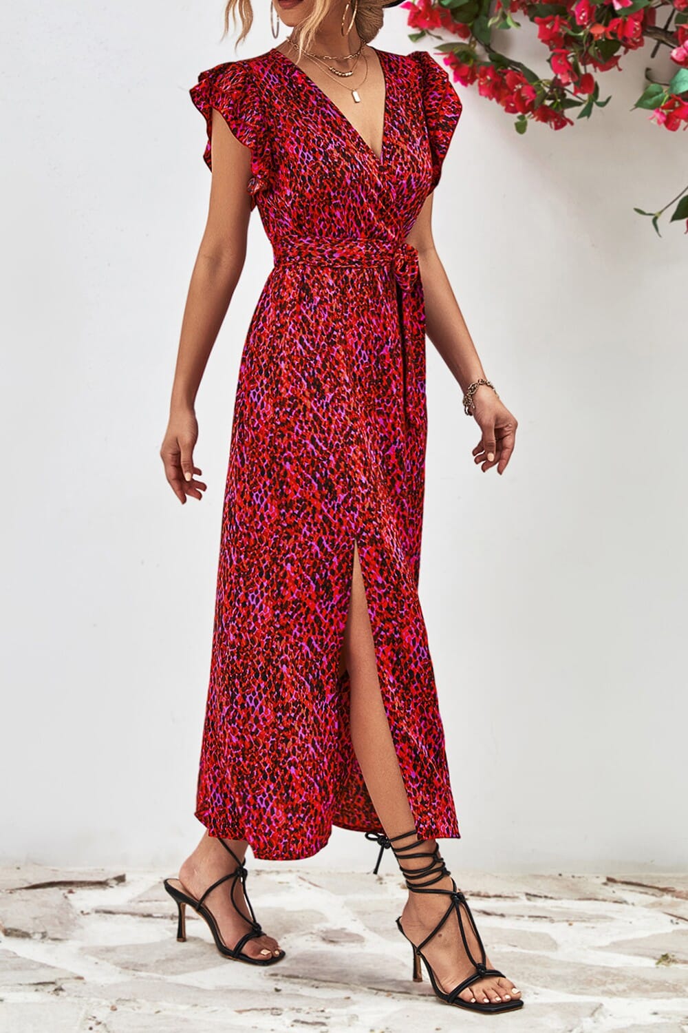 V-Neck Print Pleated Slit Maxi Dress shoppingwill 
