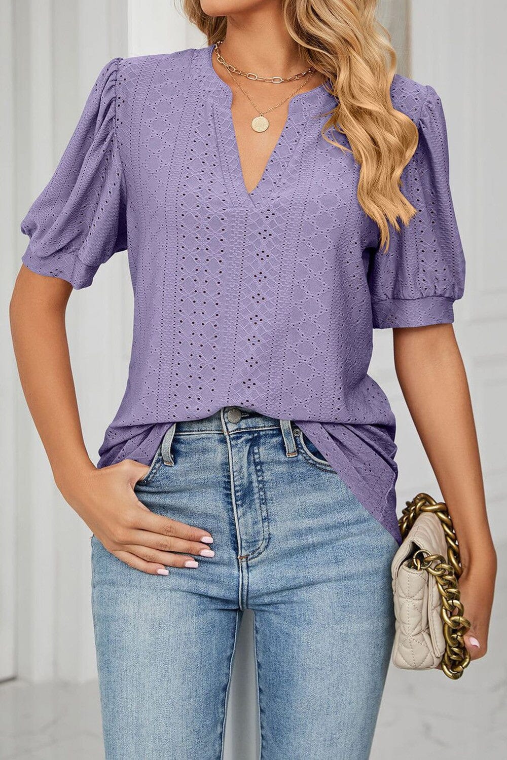 V Neck Puff Sleeve Hollow Out shoppingwill 
