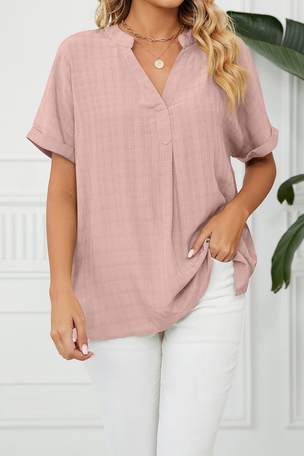 V Neck Short Sleeve Side Split Loose Fit Shirt shoppingwill 