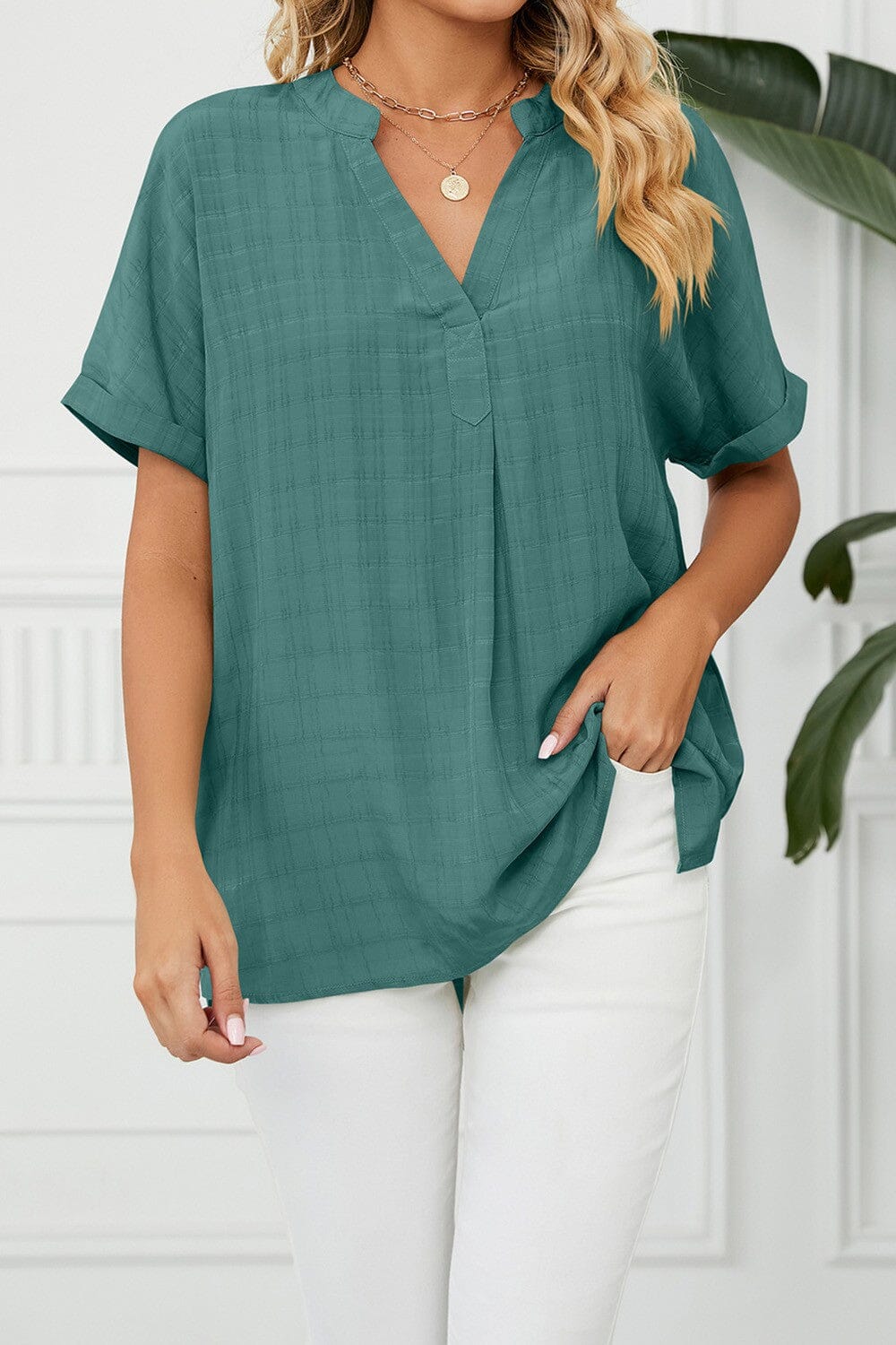 V Neck Short Sleeve Side Split Loose Fit Shirt shoppingwill 