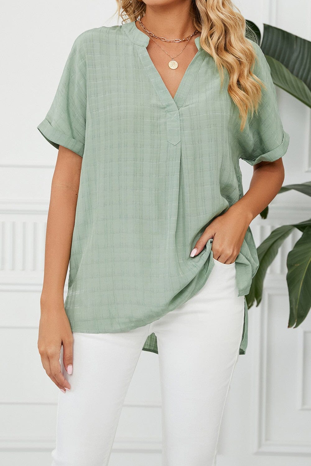 V Neck Short Sleeve Side Split Loose Fit Shirt shoppingwill 