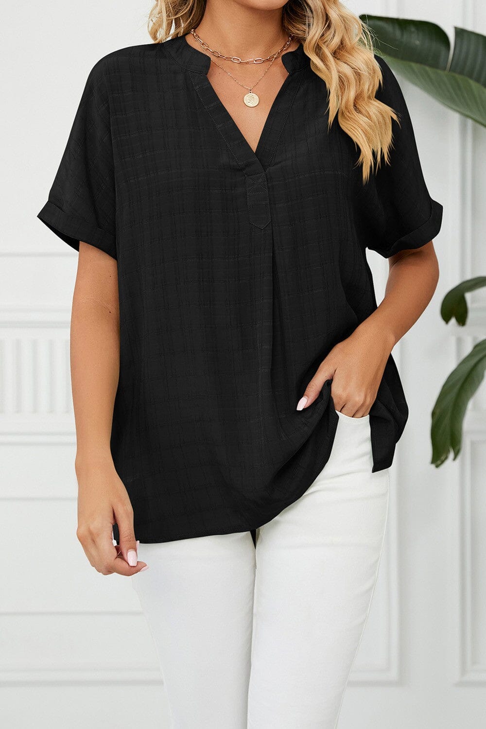 V Neck Short Sleeve Side Split Loose Fit Shirt shoppingwill 