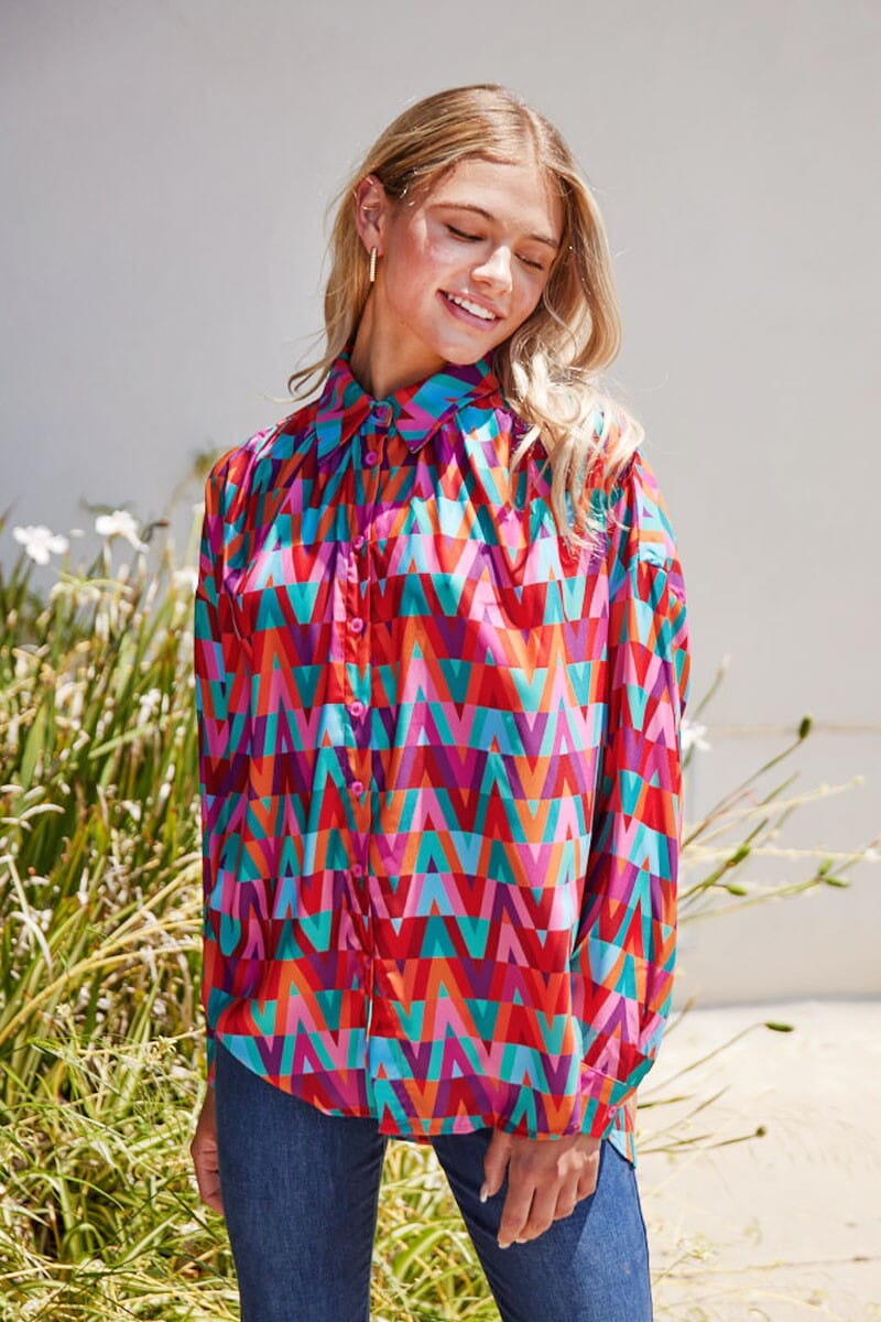 V Print Geo Button Down Jodifl 