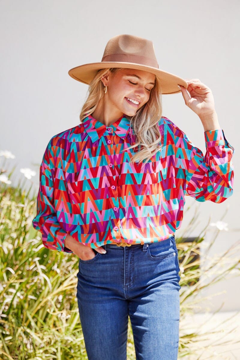 V Print Geo Button Down Jodifl 