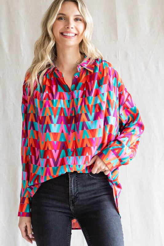 V Print Geo Button Down Jodifl 