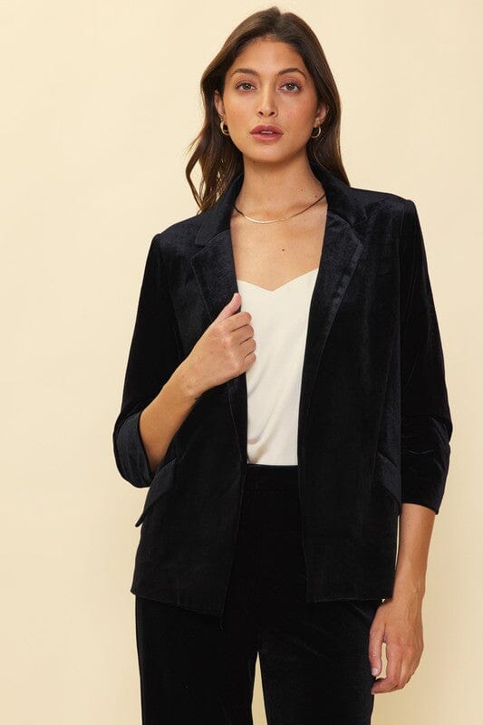 Velvet Blazer with Ruched Sleeves skies are blue 