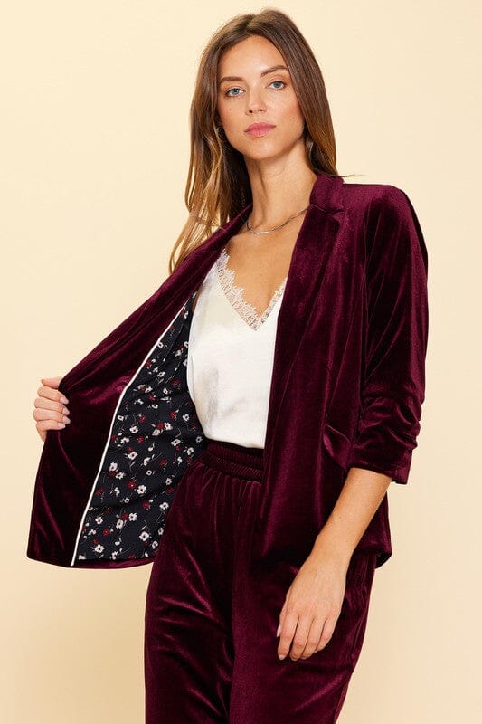 Velvet Blazer with Ruched Sleeves skies are blue 