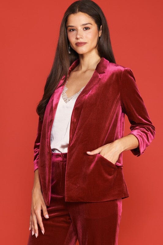 Velvet Blazer with Ruched Sleeves skies are blue 