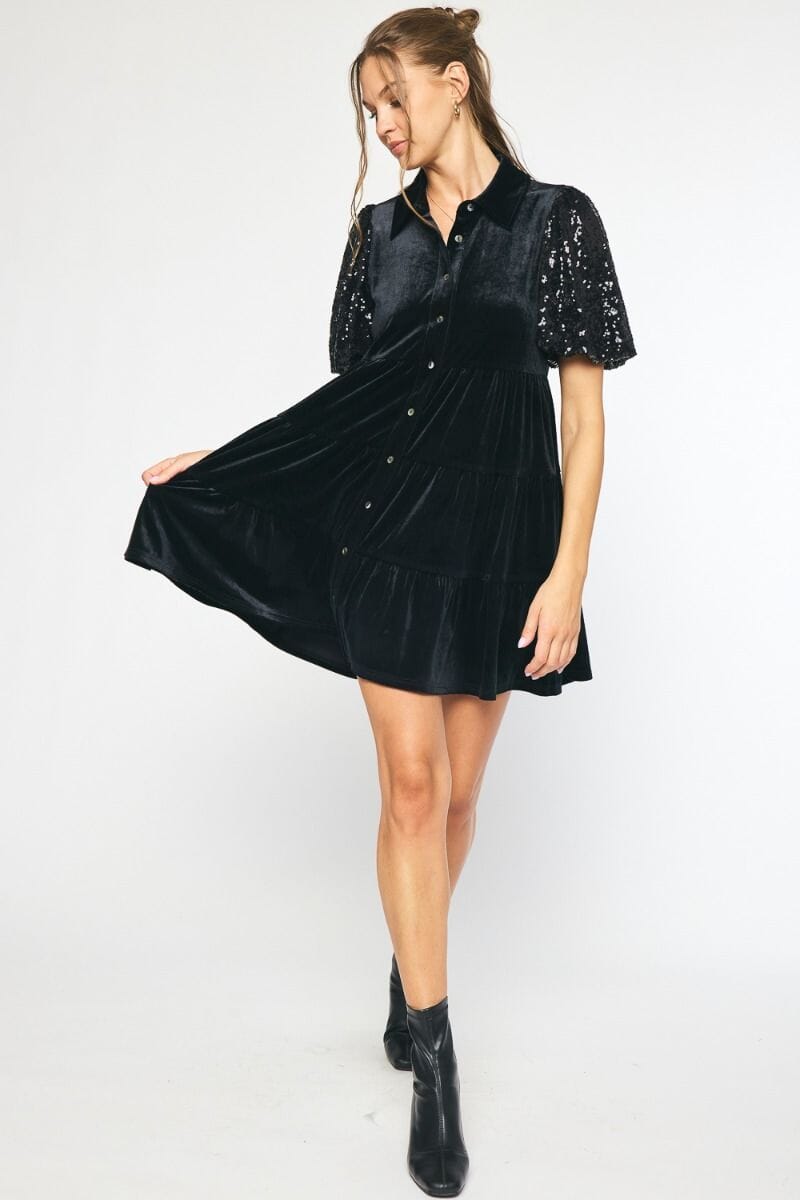 Velvet Shirt Dress with Sequin Sleeves entro 