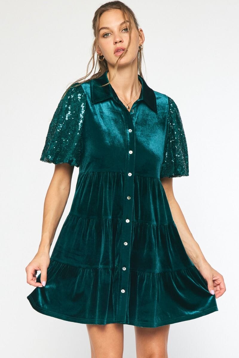 Velvet Shirt Dress with Sequin Sleeves entro 