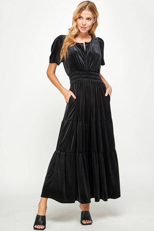Velvet Smocked Waist Tiered Maxi see and be seen 