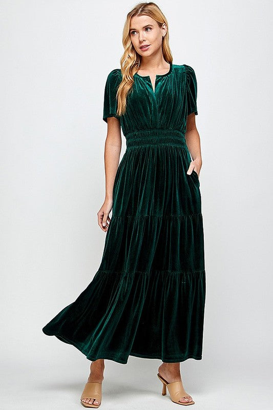 Velvet Smocked Waist Tiered Maxi see and be seen 