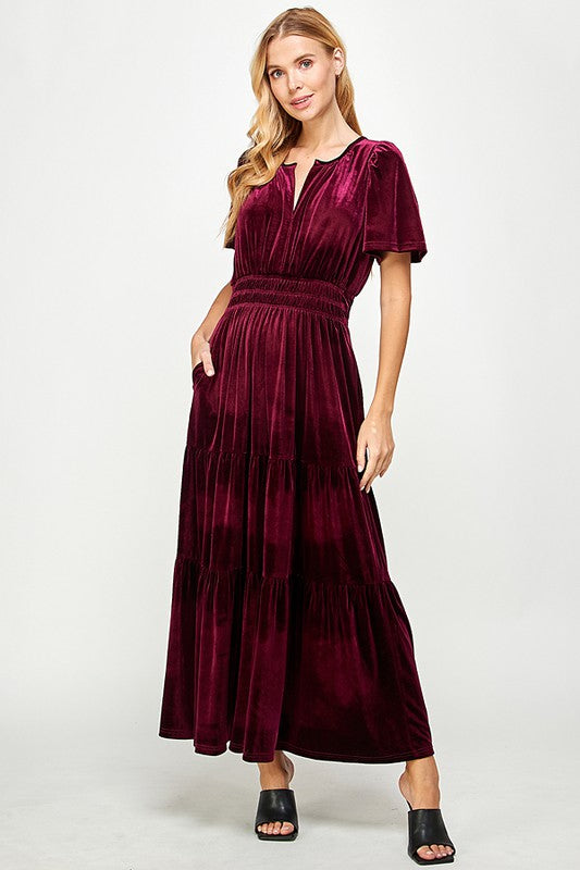 Velvet Smocked Waist Tiered Maxi see and be seen 