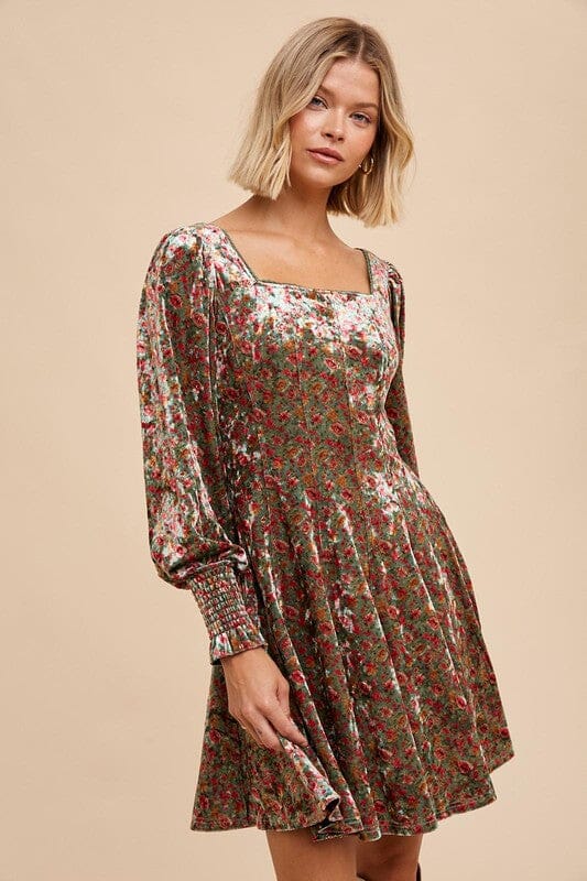 Velvet Square Neck Smocked Sleeve Dress In Loom 