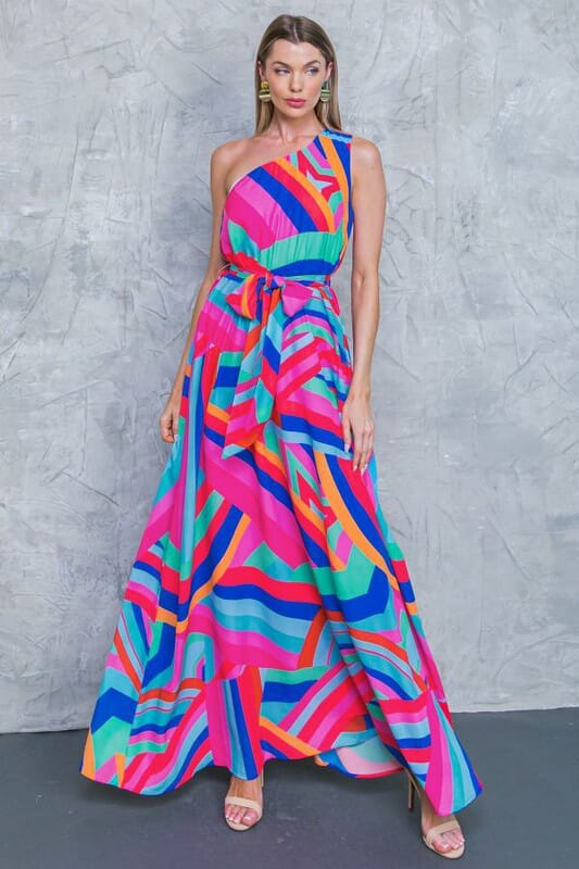 Vibrant Abstract One-Shoulder Maxi Flying tomato 