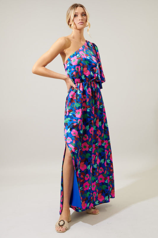 Vivi Berry Floral Meara One Shoulder Satin Dress Sugarlips 