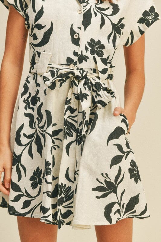 White and Black Floral Linen Dress miou muse 