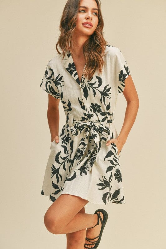 White and Black Floral Linen Dress miou muse 