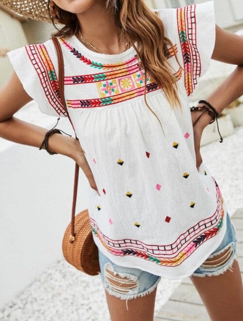 White Geo Embroidery Top Trend Shop 