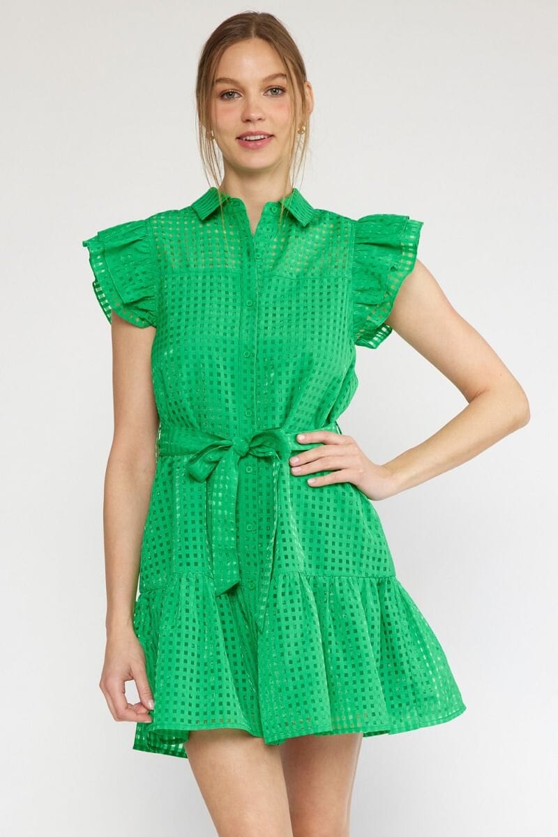 Windowpane Flutter Sleeve Dress entro 