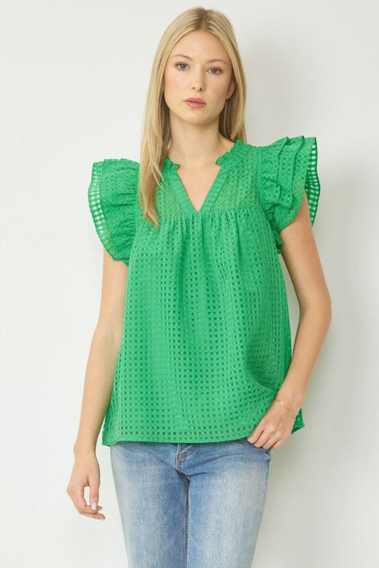 Windowpane Flutter Sleeve Top entro 