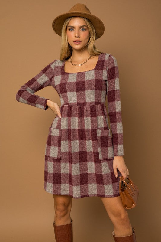 Wine Plaid Front Pocket Dress Gilli 